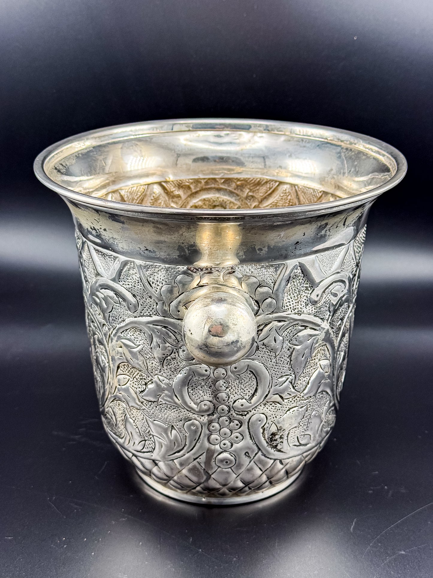 Vintage Repoussé Floral Ice Bucket, Champagne Bucket or Vase with Spherical Handles