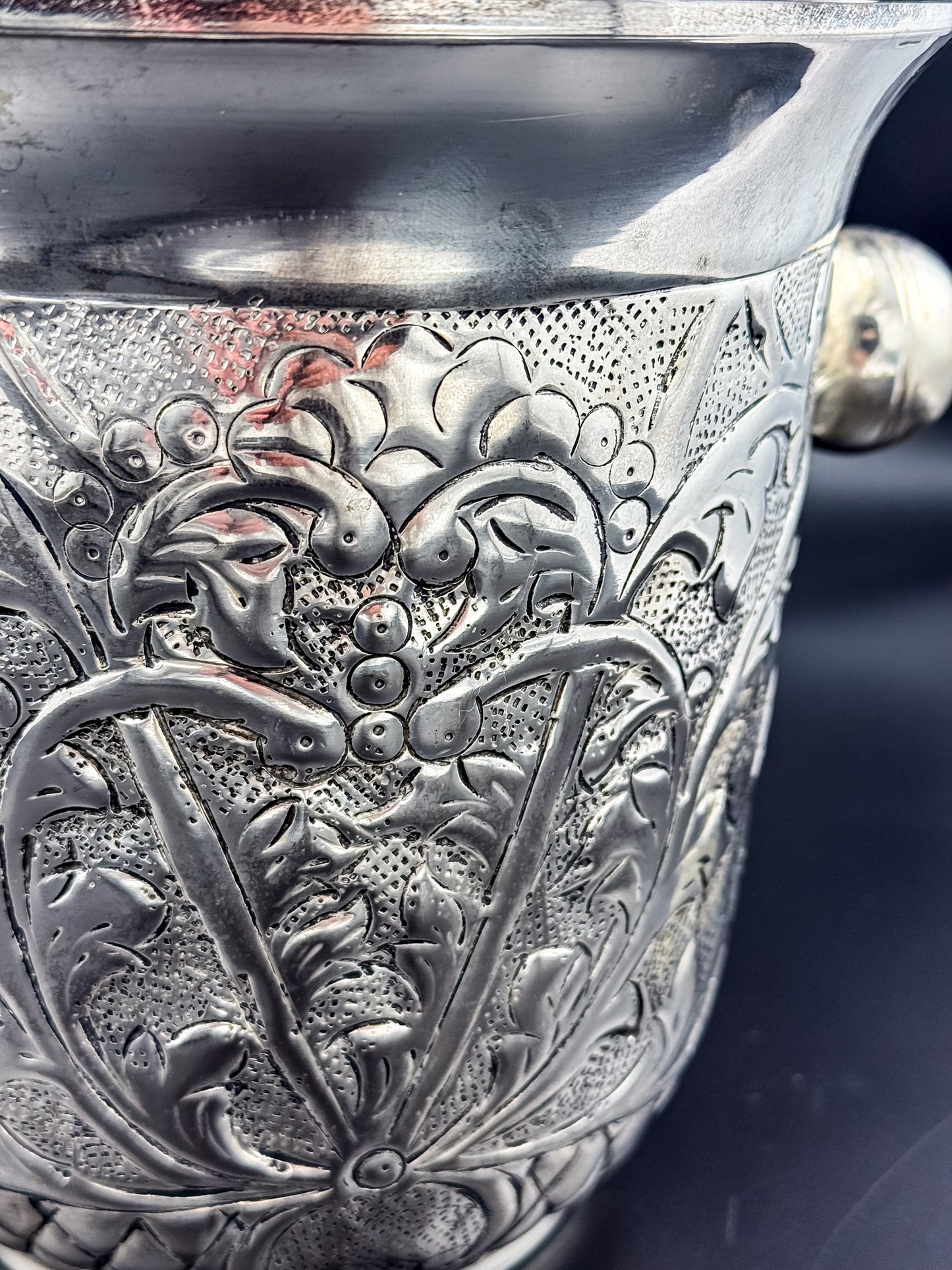 Vintage Repoussé Floral Ice Bucket, Champagne Bucket or Vase with Spherical Handles