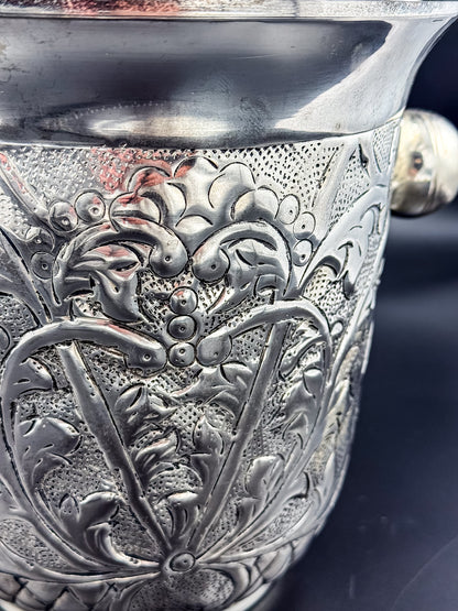 Vintage Repoussé Floral Ice Bucket, Champagne Bucket or Vase with Spherical Handles