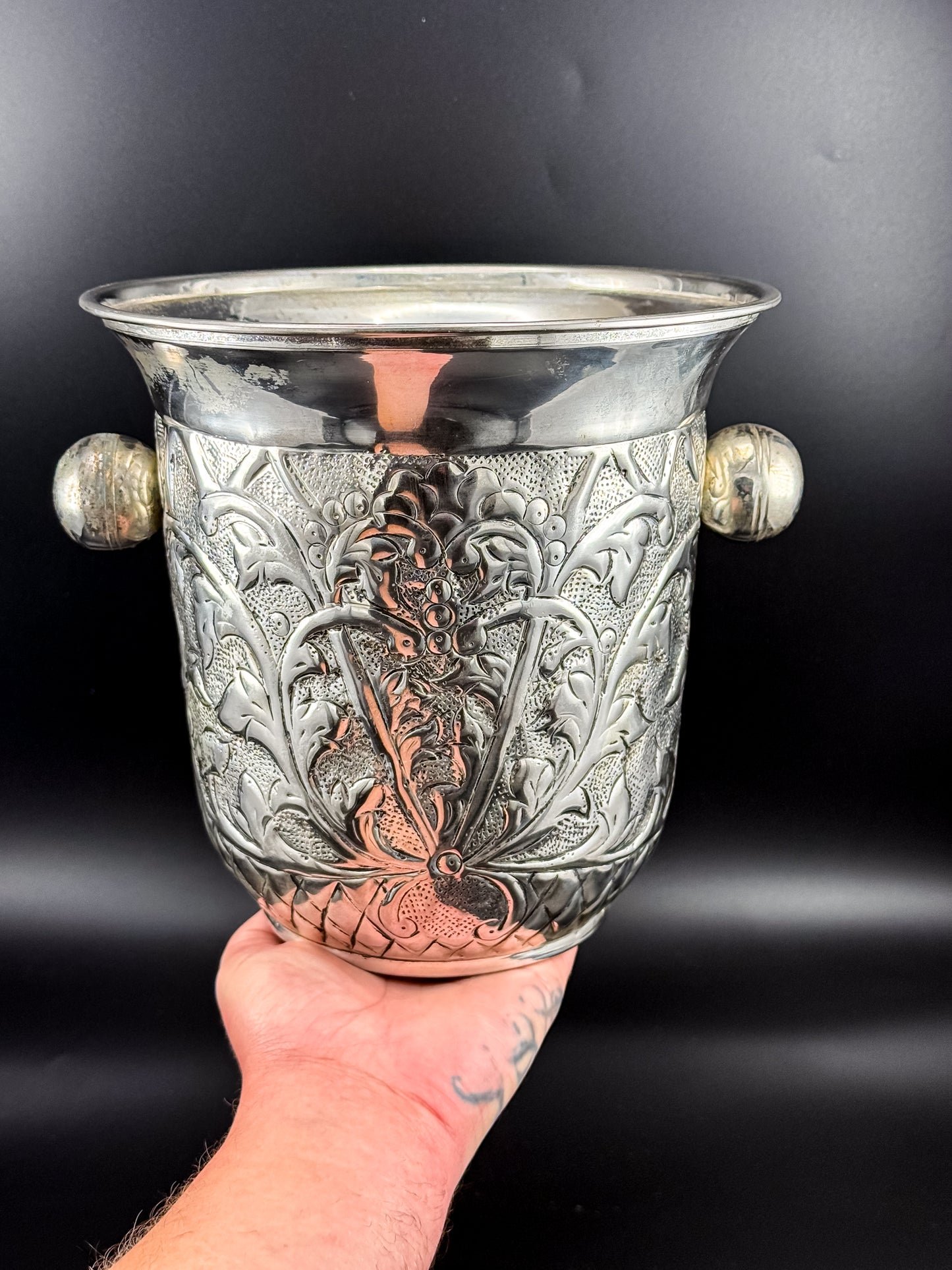 Vintage Repoussé Floral Ice Bucket, Champagne Bucket or Vase with Spherical Handles