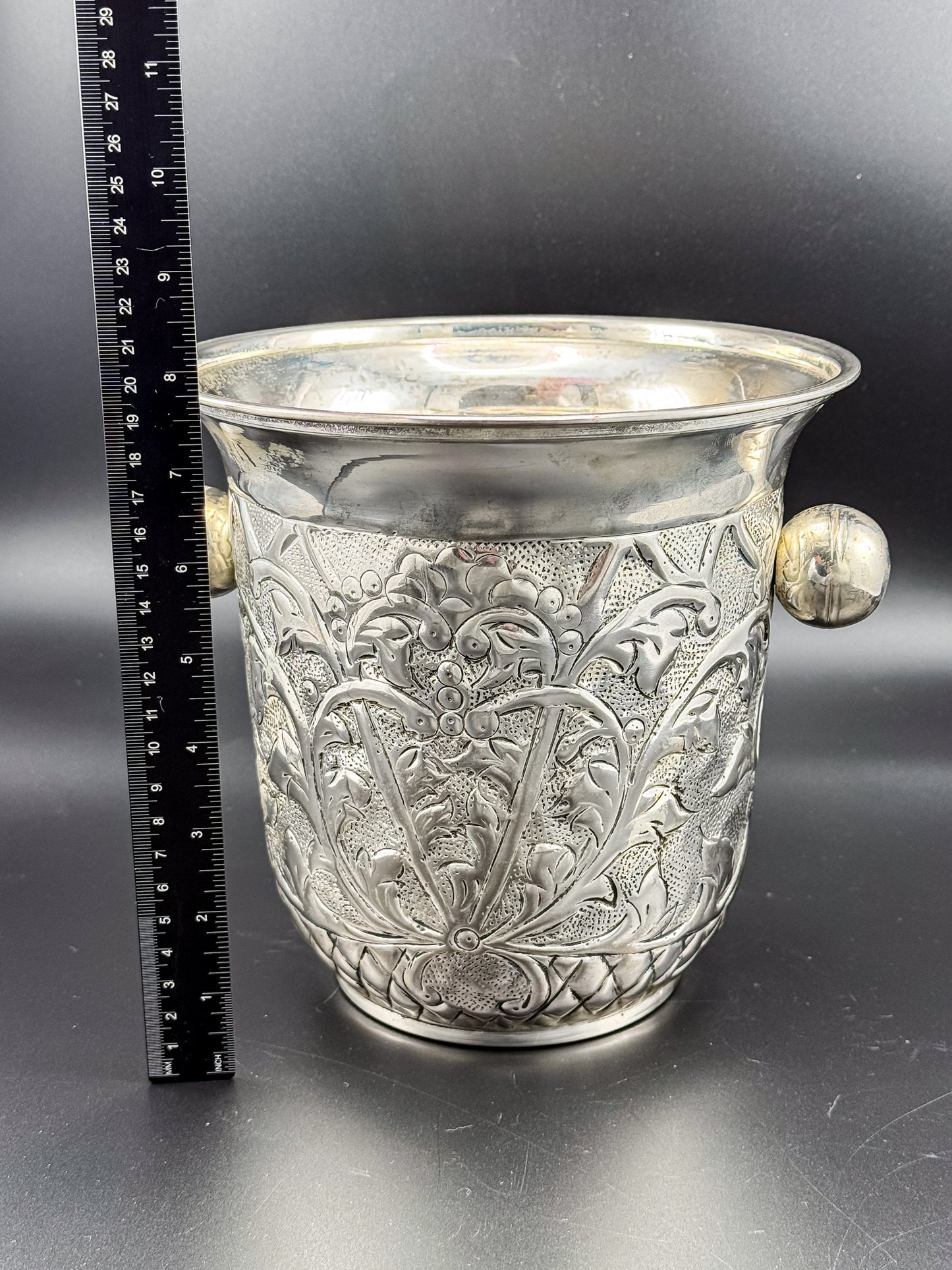 Vintage Repoussé Floral Ice Bucket, Champagne Bucket or Vase with Spherical Handles