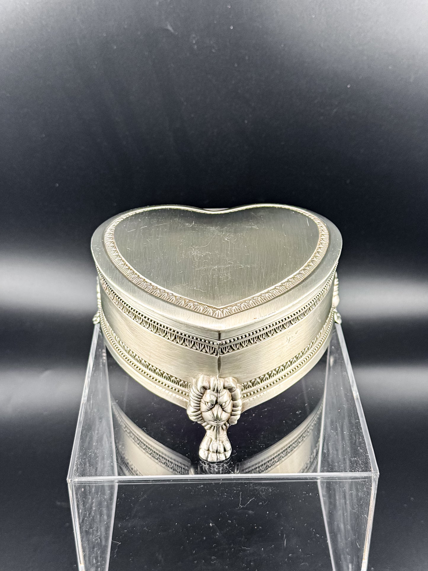 Vintage Heart-Shaped Trinket Box on Three Lion's Paw Feet, Engraved Interior and Crimson Velvet Lining
