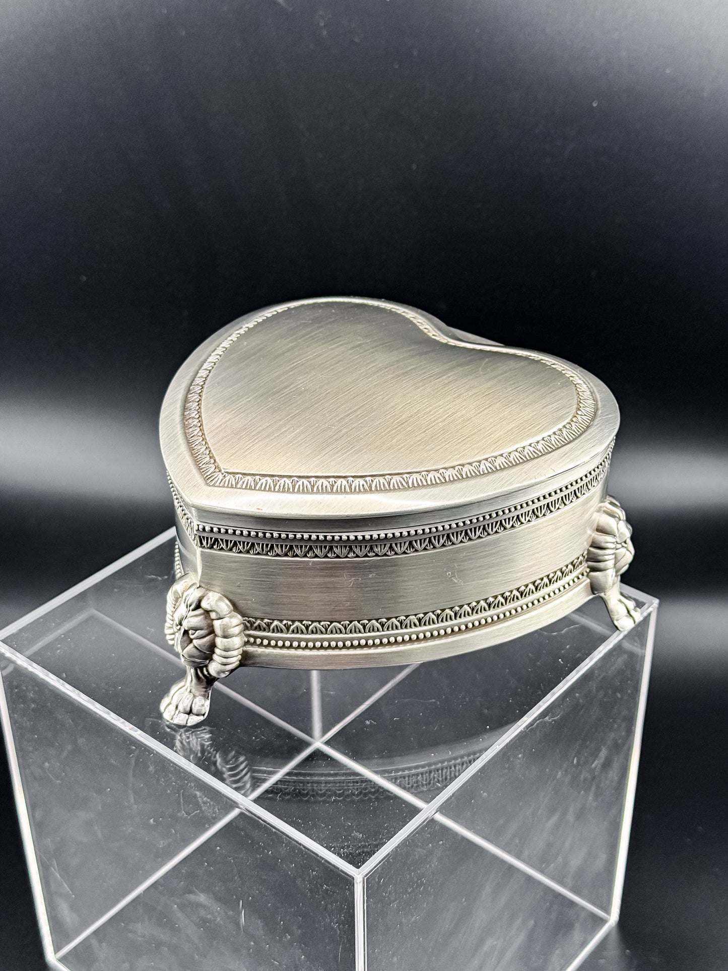 Vintage Heart-Shaped Trinket Box on Three Lion's Paw Feet, Engraved Interior and Crimson Velvet Lining