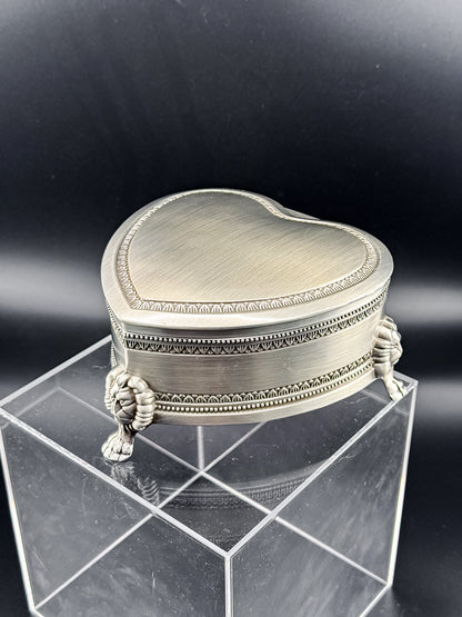 Vintage Heart-Shaped Trinket Box on Three Lion's Paw Feet, Engraved Interior and Crimson Velvet Lining