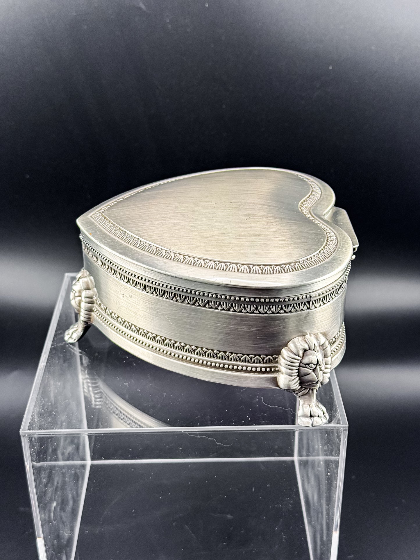 Vintage Heart-Shaped Trinket Box on Three Lion's Paw Feet, Engraved Interior and Crimson Velvet Lining