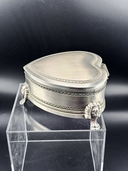 Vintage Heart-Shaped Trinket Box on Three Lion's Paw Feet, Engraved Interior and Crimson Velvet Lining