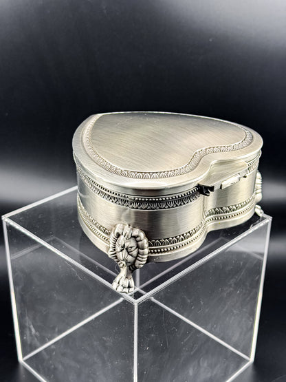 Vintage Heart-Shaped Trinket Box on Three Lion's Paw Feet, Engraved Interior and Crimson Velvet Lining