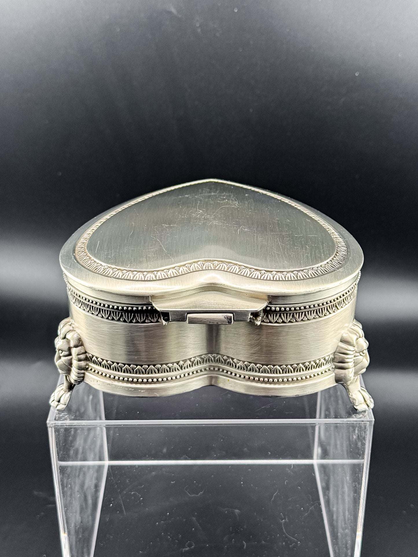 Vintage Heart-Shaped Trinket Box on Three Lion's Paw Feet, Engraved Interior and Crimson Velvet Lining