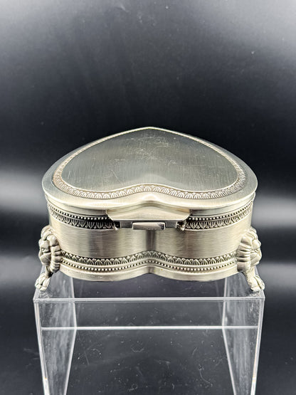 Vintage Heart-Shaped Trinket Box on Three Lion's Paw Feet, Engraved Interior and Crimson Velvet Lining