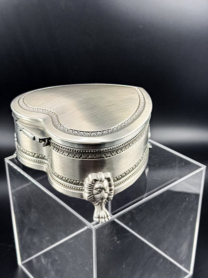 Vintage Heart-Shaped Trinket Box on Three Lion's Paw Feet, Engraved Interior and Crimson Velvet Lining