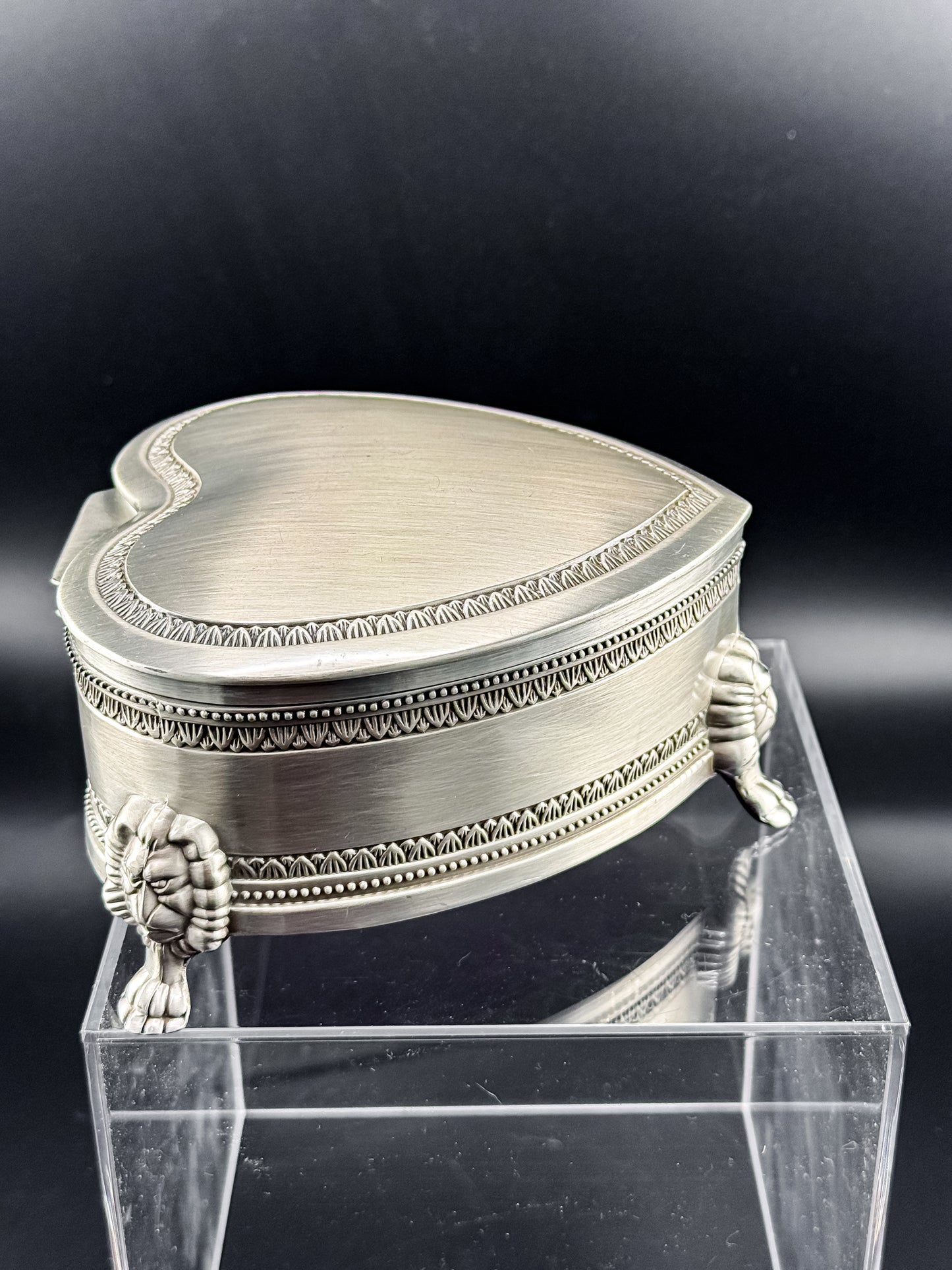 Vintage Heart-Shaped Trinket Box on Three Lion's Paw Feet, Engraved Interior and Crimson Velvet Lining