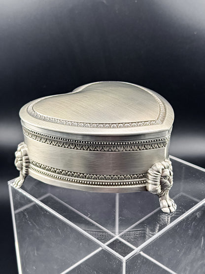 Vintage Heart-Shaped Trinket Box on Three Lion's Paw Feet, Engraved Interior and Crimson Velvet Lining