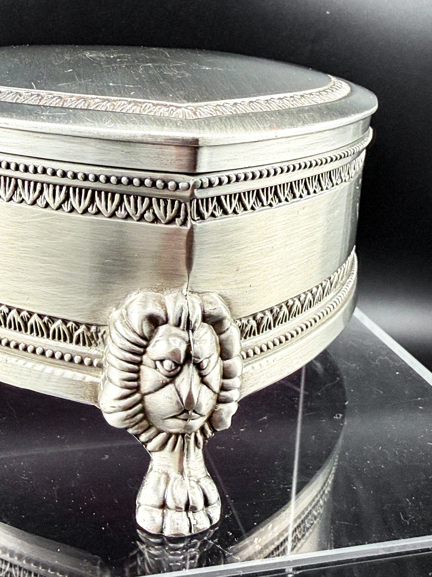 Vintage Heart-Shaped Trinket Box on Three Lion's Paw Feet, Engraved Interior and Crimson Velvet Lining