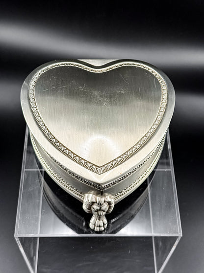 Vintage Heart-Shaped Trinket Box on Three Lion's Paw Feet, Engraved Interior and Crimson Velvet Lining
