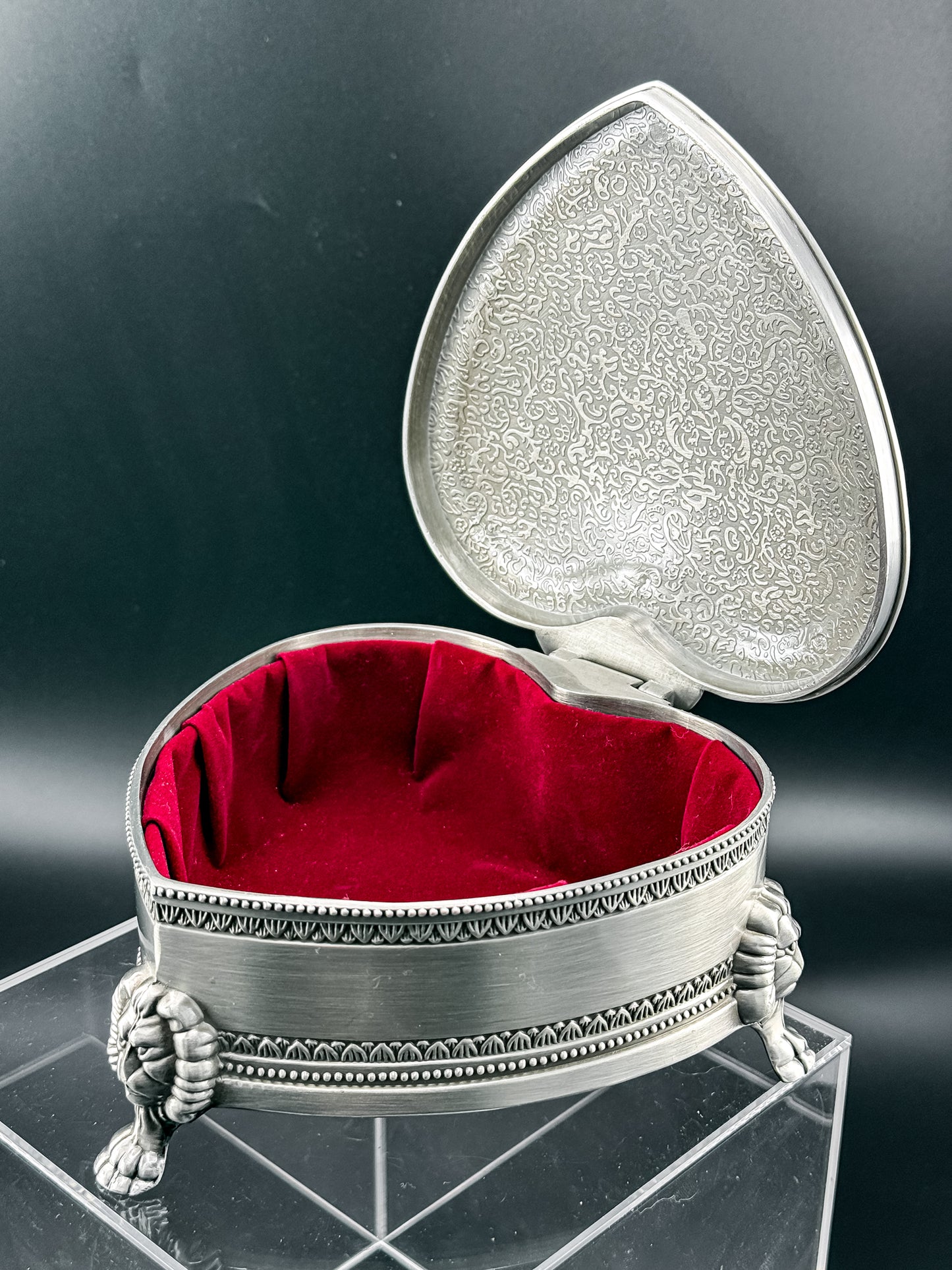 Vintage Heart-Shaped Trinket Box on Three Lion's Paw Feet, Engraved Interior and Crimson Velvet Lining