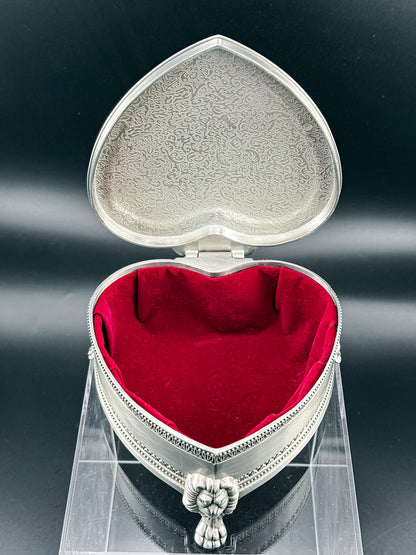 Vintage Heart-Shaped Trinket Box on Three Lion's Paw Feet, Engraved Interior and Crimson Velvet Lining