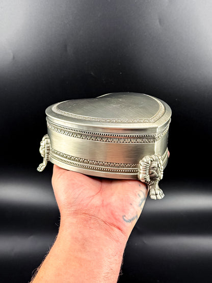 Vintage Heart-Shaped Trinket Box on Three Lion's Paw Feet, Engraved Interior and Crimson Velvet Lining