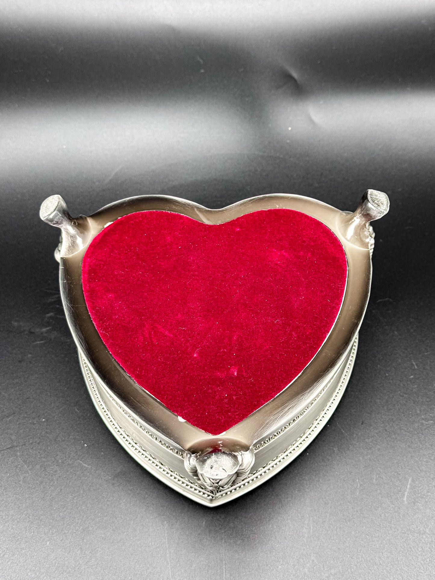 Vintage Heart-Shaped Trinket Box on Three Lion's Paw Feet, Engraved Interior and Crimson Velvet Lining