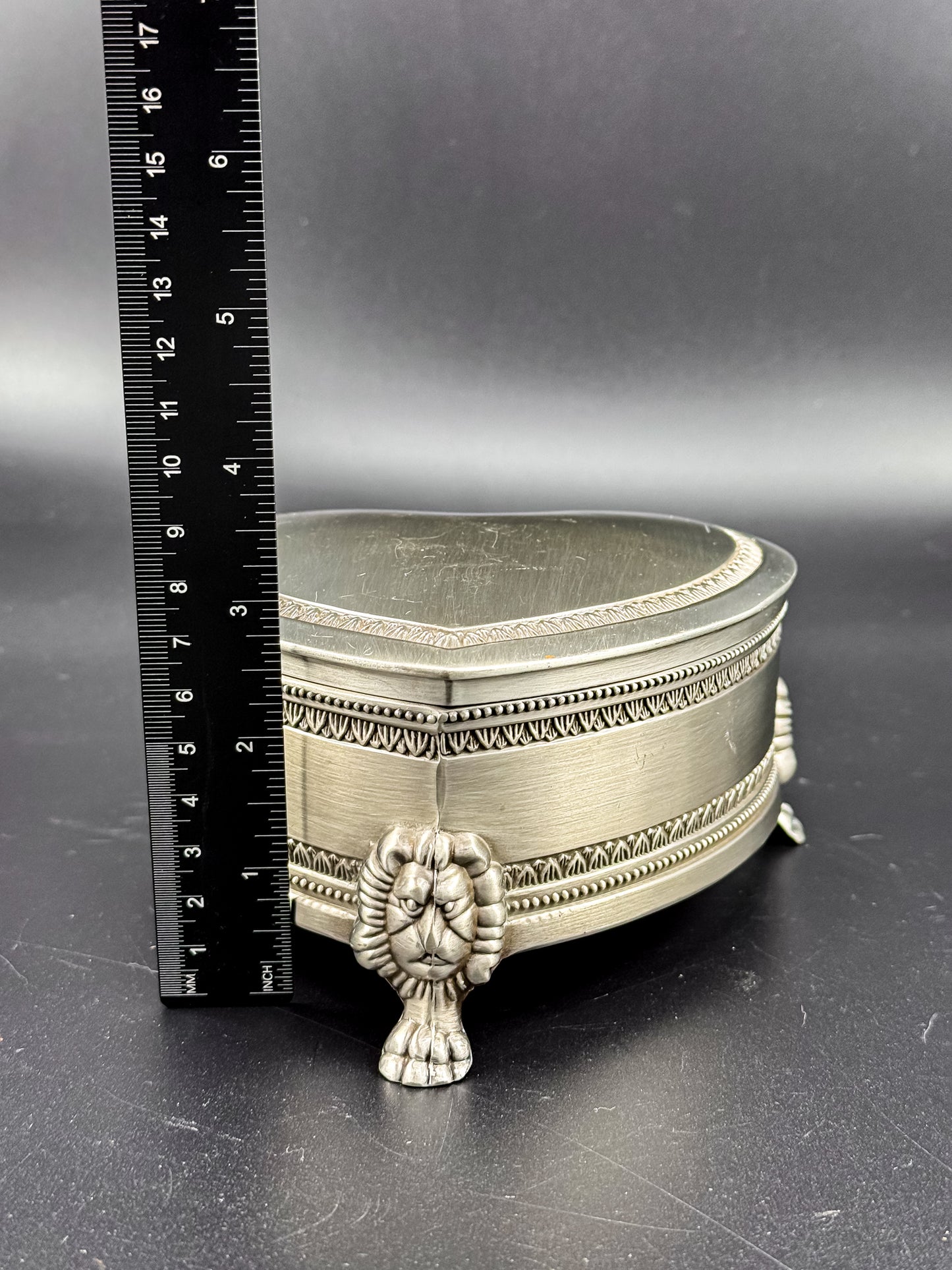 Vintage Heart-Shaped Trinket Box on Three Lion's Paw Feet, Engraved Interior and Crimson Velvet Lining