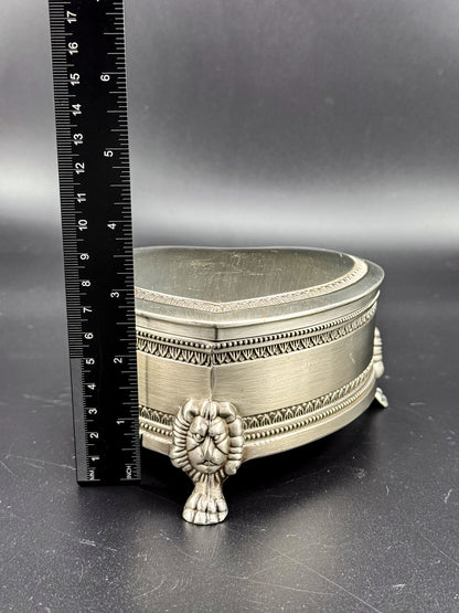 Vintage Heart-Shaped Trinket Box on Three Lion's Paw Feet, Engraved Interior and Crimson Velvet Lining