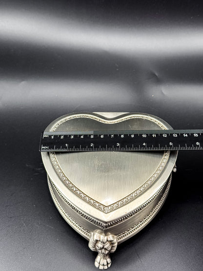 Vintage Heart-Shaped Trinket Box on Three Lion's Paw Feet, Engraved Interior and Crimson Velvet Lining