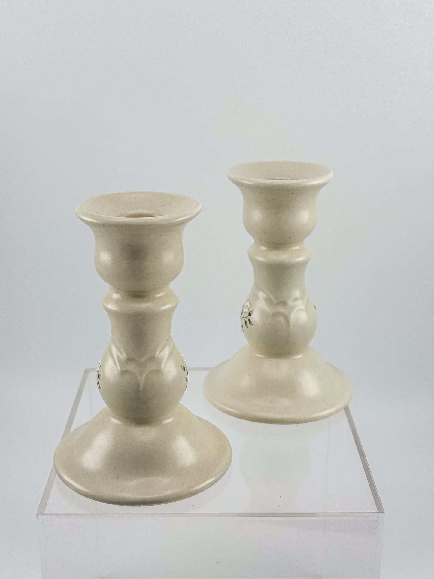 Vintage Pfaltzgraff Heirloom Pattern Candlestick Holders, Pair of Retired 1984 Ceramic Taper Candle Holders