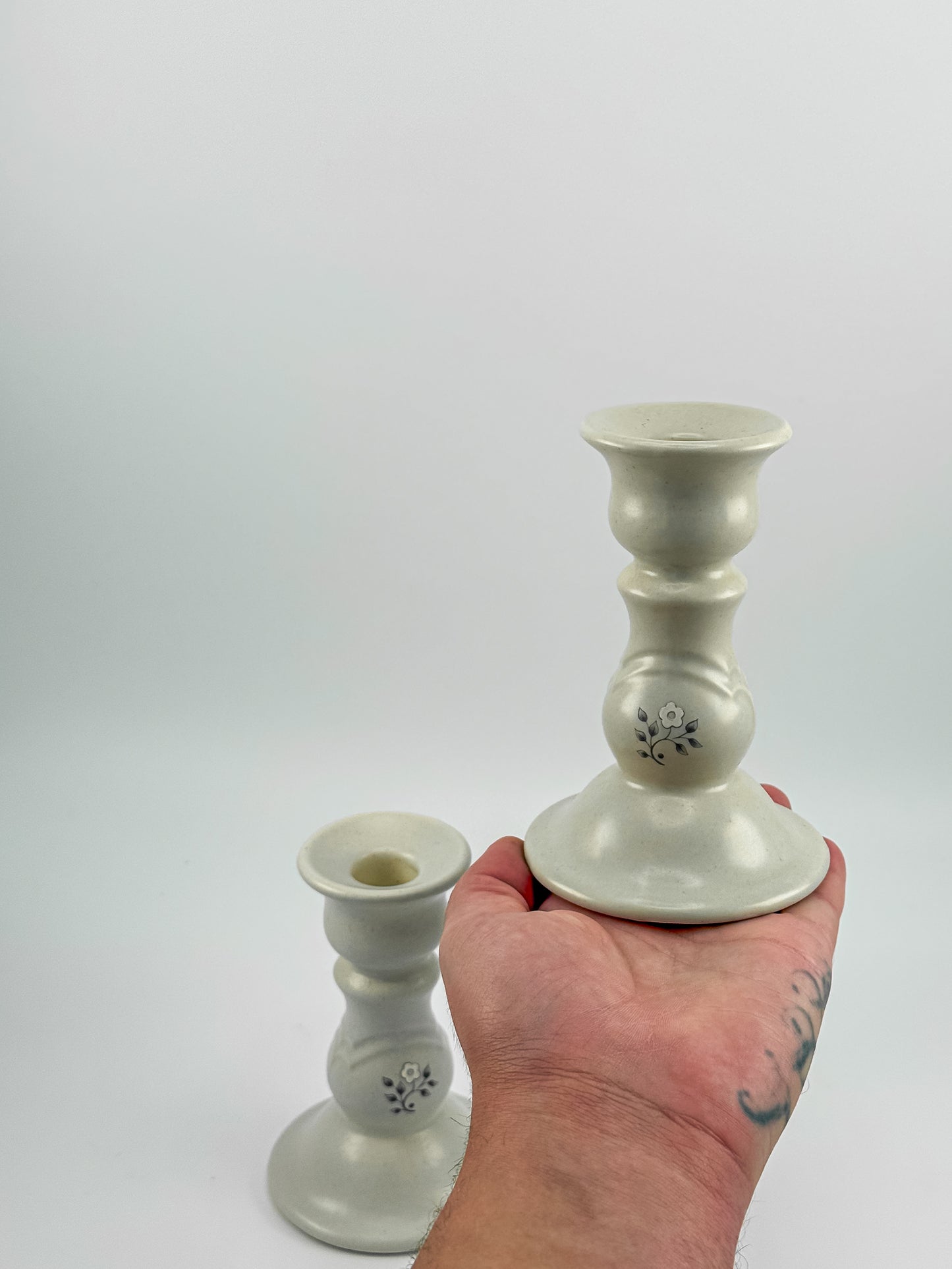 Vintage Pfaltzgraff Heirloom Pattern Candlestick Holders, Pair of Retired 1984 Ceramic Taper Candle Holders
