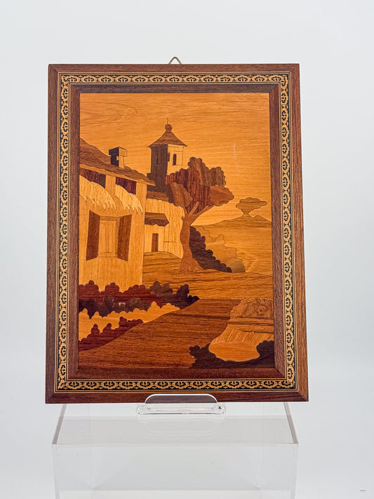 Vintage Italian Marquetry Wood Wall Art, Sorrento Inlaid Landscape Plaque with Ornate Border, Mid Century Handmade Decor