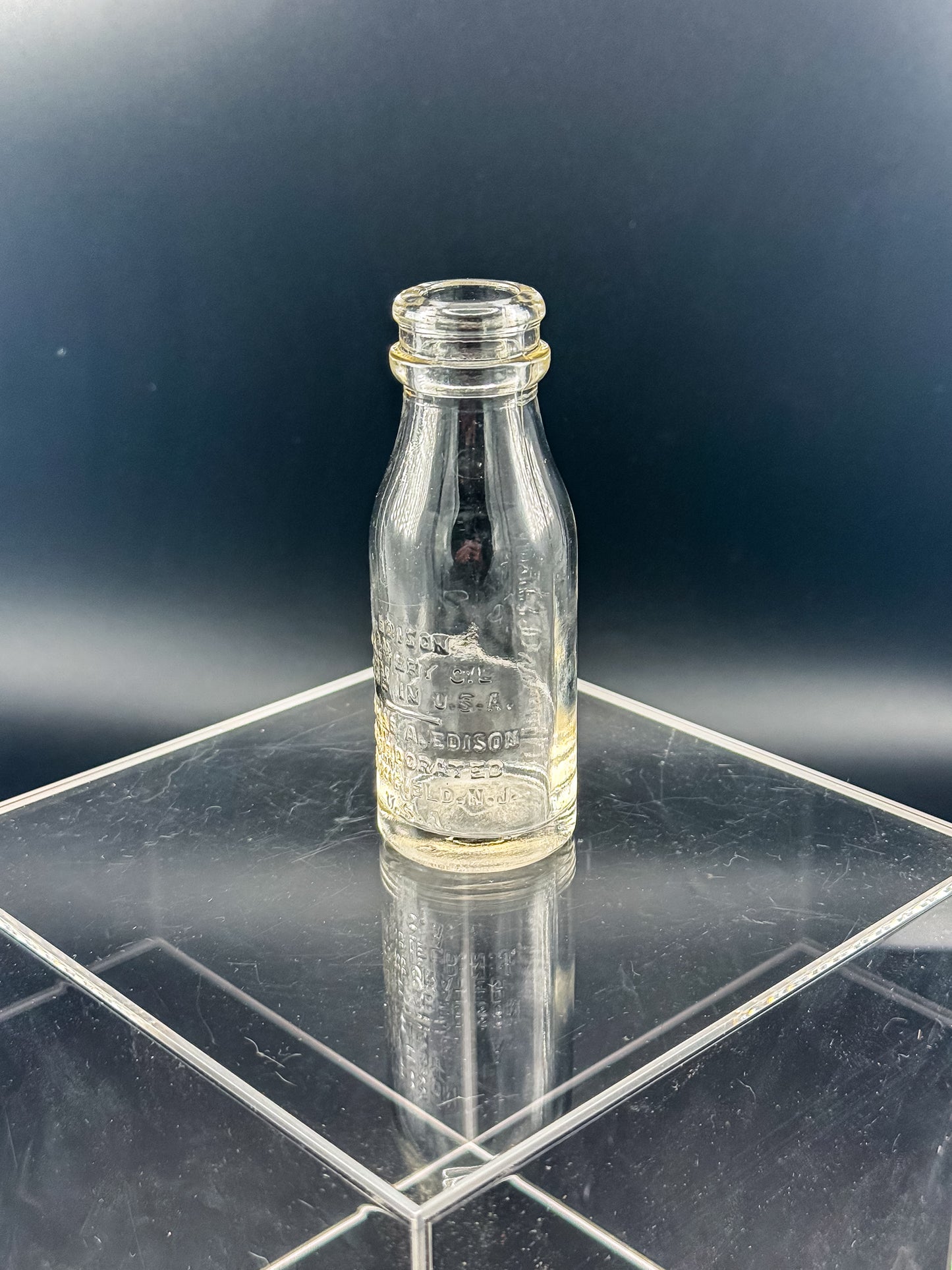 Vintage Thomas A. Edison Battery Oil Bottle, Embossed Glass Railroad Crossing Signal Bottle, Bloomfield NJ Industrial Americana