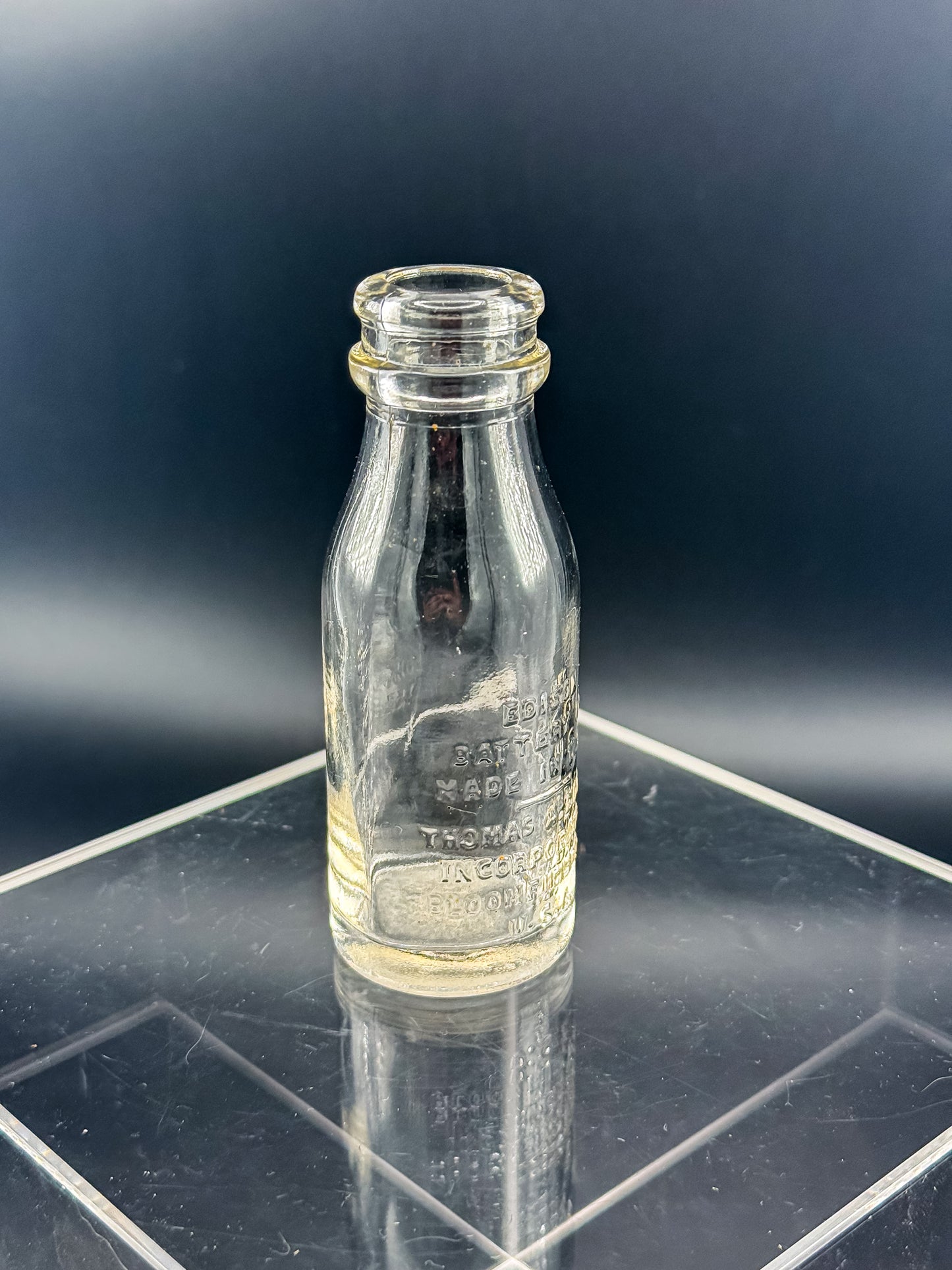 Vintage Thomas A. Edison Battery Oil Bottle, Embossed Glass Railroad Crossing Signal Bottle, Bloomfield NJ Industrial Americana