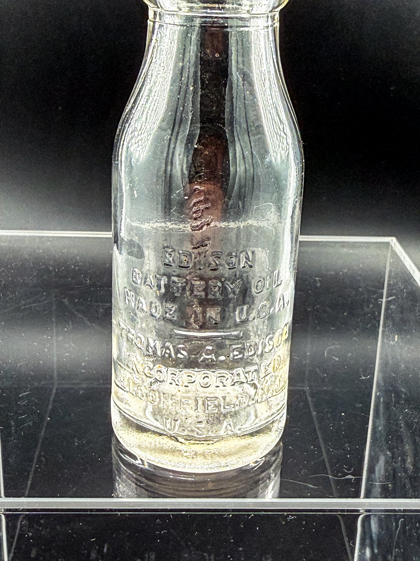 Vintage Thomas A. Edison Battery Oil Bottle, Embossed Glass Railroad Crossing Signal Bottle, Bloomfield NJ Industrial Americana