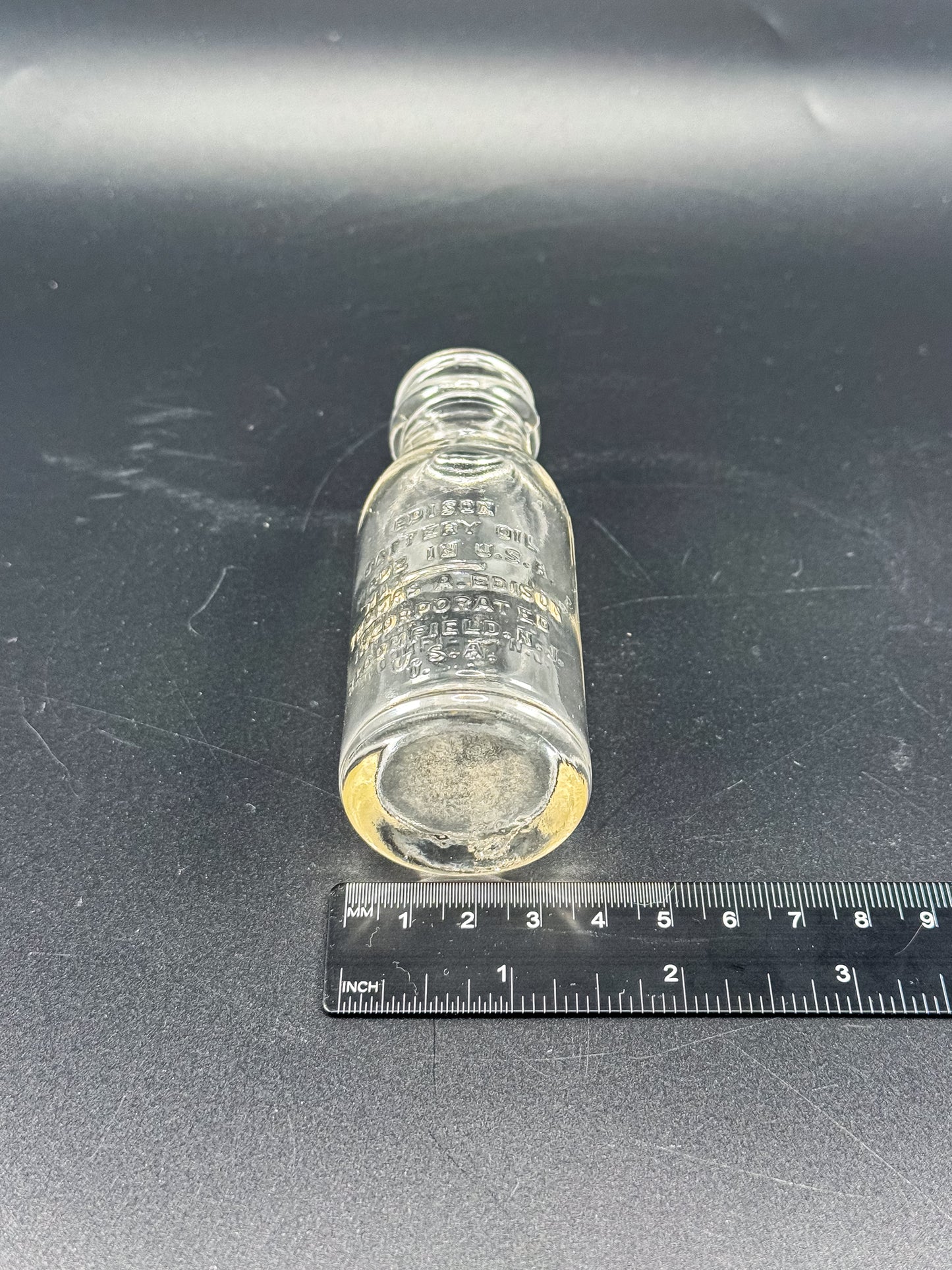 Vintage Thomas A. Edison Battery Oil Bottle, Embossed Glass Railroad Crossing Signal Bottle, Bloomfield NJ Industrial Americana