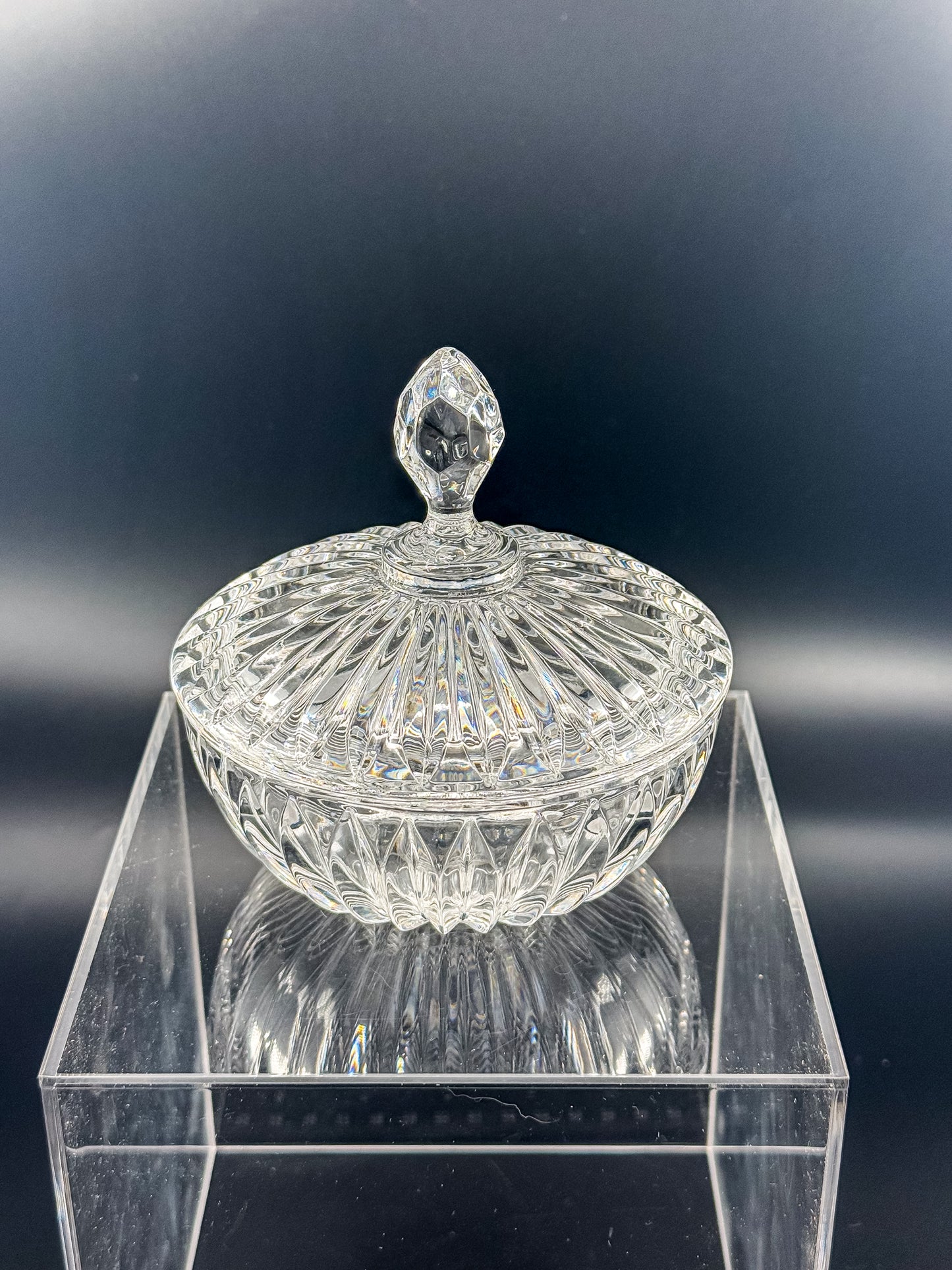 Vintage Crystal Lidded Dish with Diamond Finial, Cut Glass Vanity Dish with Radiating Vertical Cuts and Domed Lid