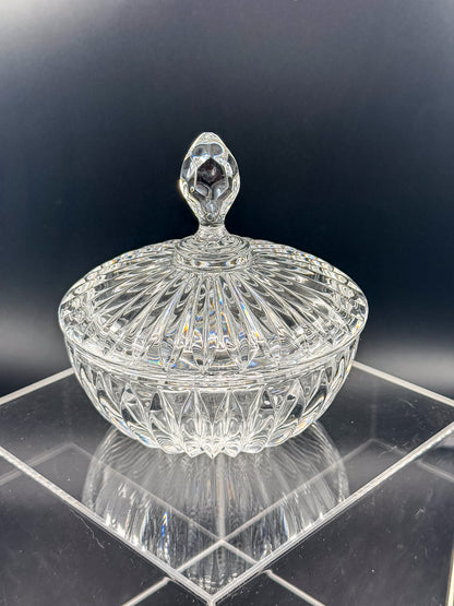 Vintage Crystal Lidded Dish with Diamond Finial, Cut Glass Vanity Dish with Radiating Vertical Cuts and Domed Lid
