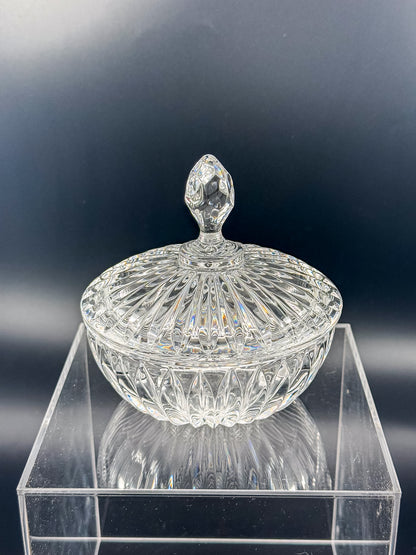 Vintage Crystal Lidded Dish with Diamond Finial, Cut Glass Vanity Dish with Radiating Vertical Cuts and Domed Lid