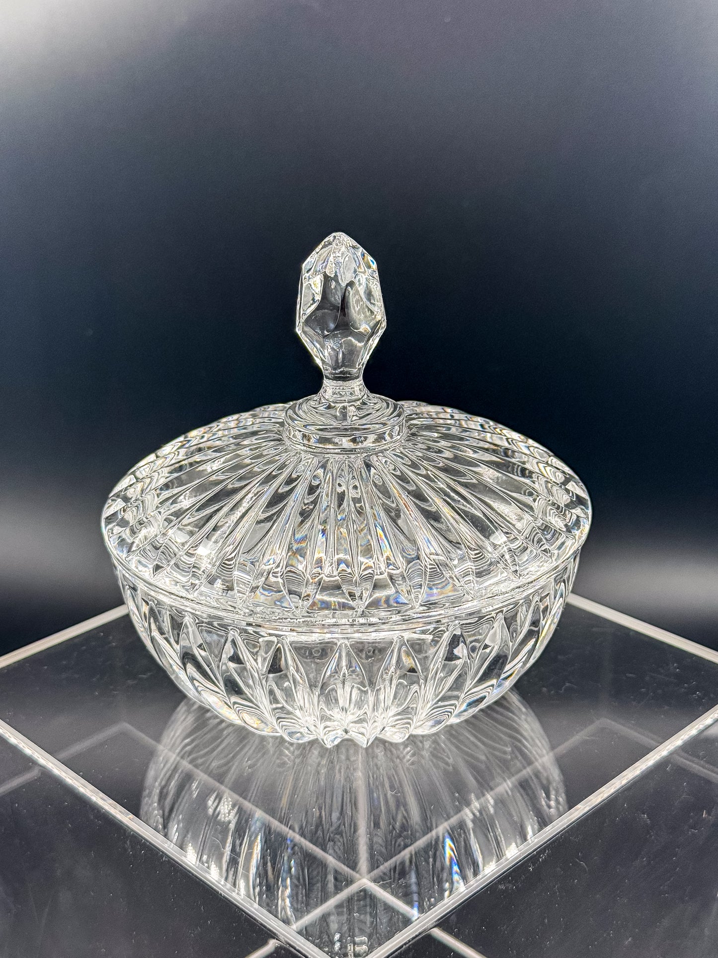 Vintage Crystal Lidded Dish with Diamond Finial, Cut Glass Vanity Dish with Radiating Vertical Cuts and Domed Lid