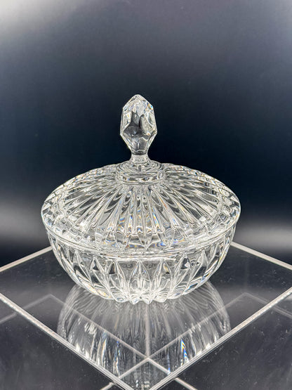 Vintage Crystal Lidded Dish with Diamond Finial, Cut Glass Vanity Dish with Radiating Vertical Cuts and Domed Lid