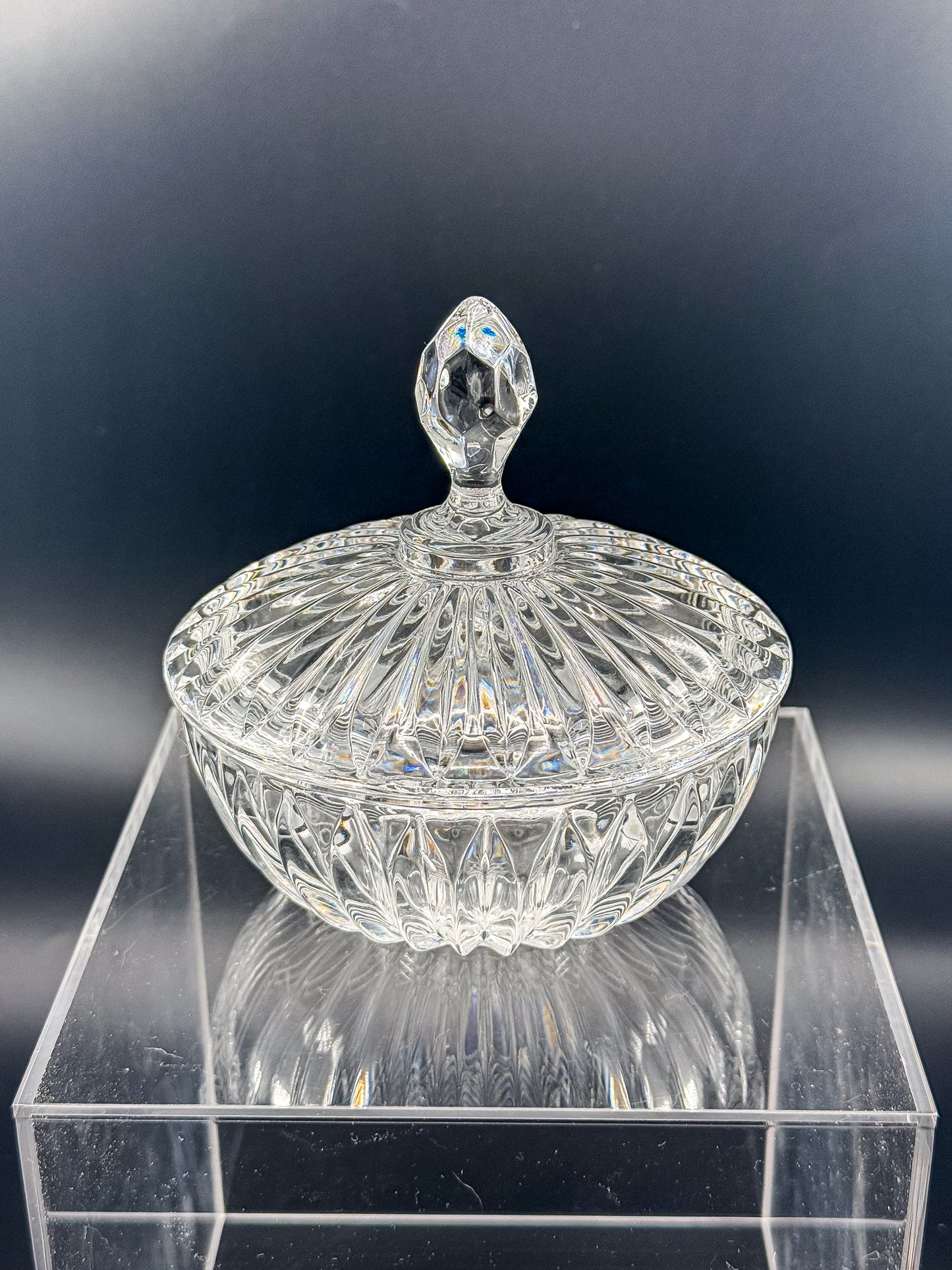 Vintage Crystal Lidded Dish with Diamond Finial, Cut Glass Vanity Dish with Radiating Vertical Cuts and Domed Lid