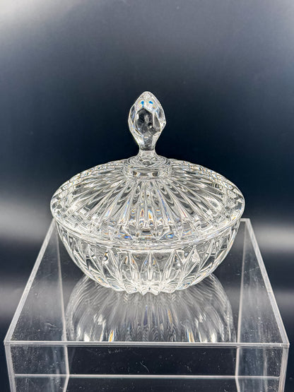 Vintage Crystal Lidded Dish with Diamond Finial, Cut Glass Vanity Dish with Radiating Vertical Cuts and Domed Lid