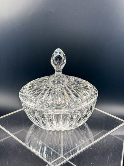 Vintage Crystal Lidded Dish with Diamond Finial, Cut Glass Vanity Dish with Radiating Vertical Cuts and Domed Lid