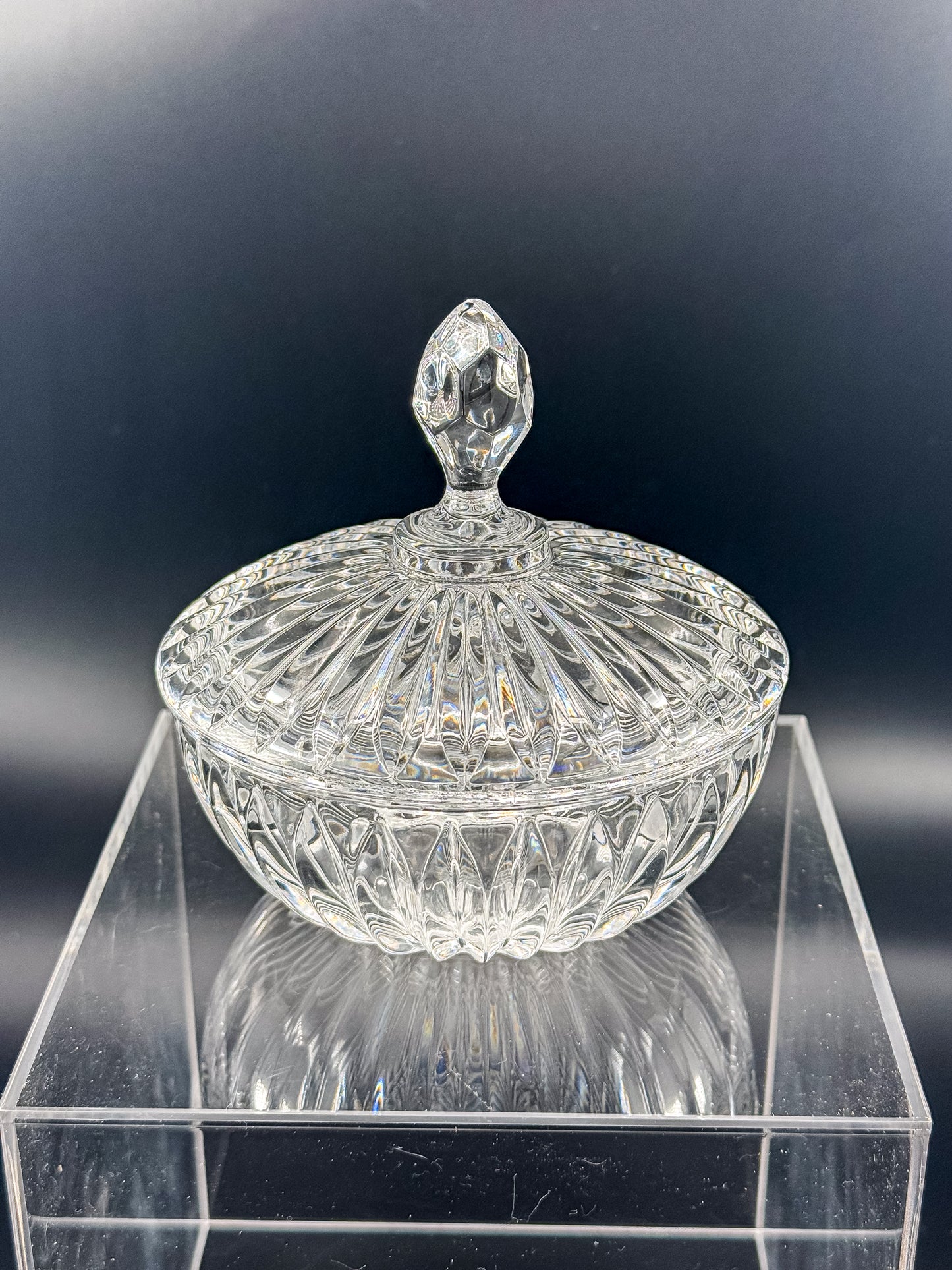 Vintage Crystal Lidded Dish with Diamond Finial, Cut Glass Vanity Dish with Radiating Vertical Cuts and Domed Lid