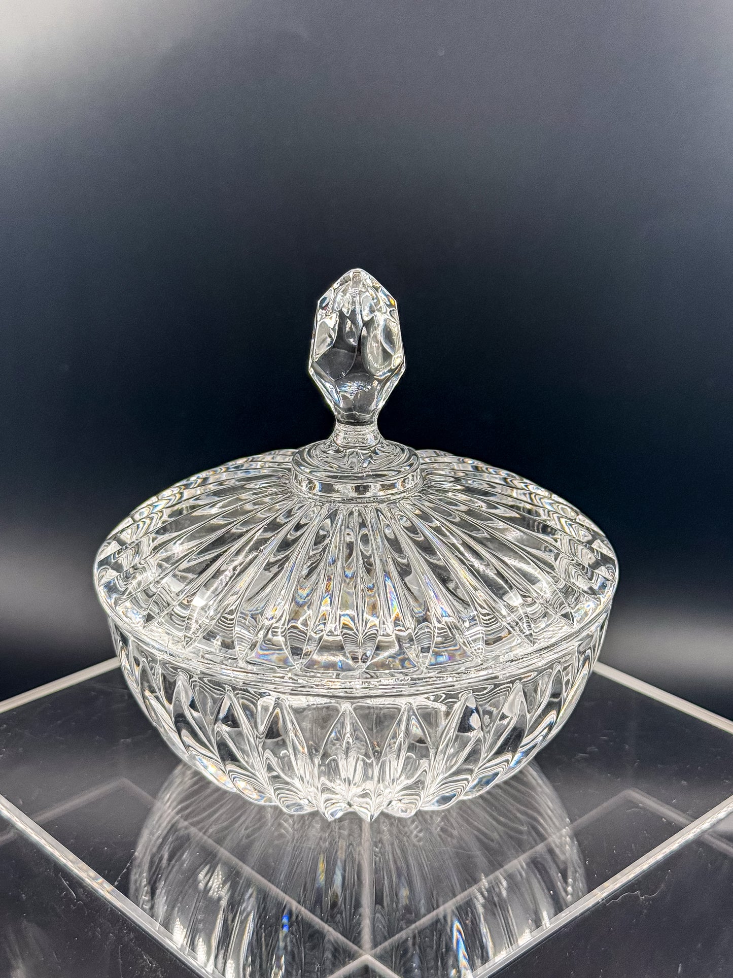 Vintage Crystal Lidded Dish with Diamond Finial, Cut Glass Vanity Dish with Radiating Vertical Cuts and Domed Lid