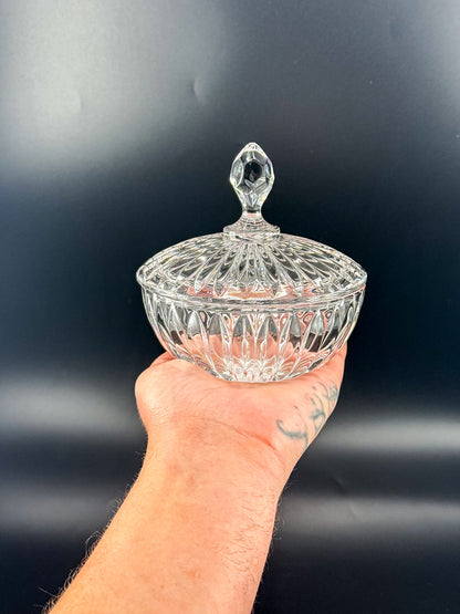 Vintage Crystal Lidded Dish with Diamond Finial, Cut Glass Vanity Dish with Radiating Vertical Cuts and Domed Lid