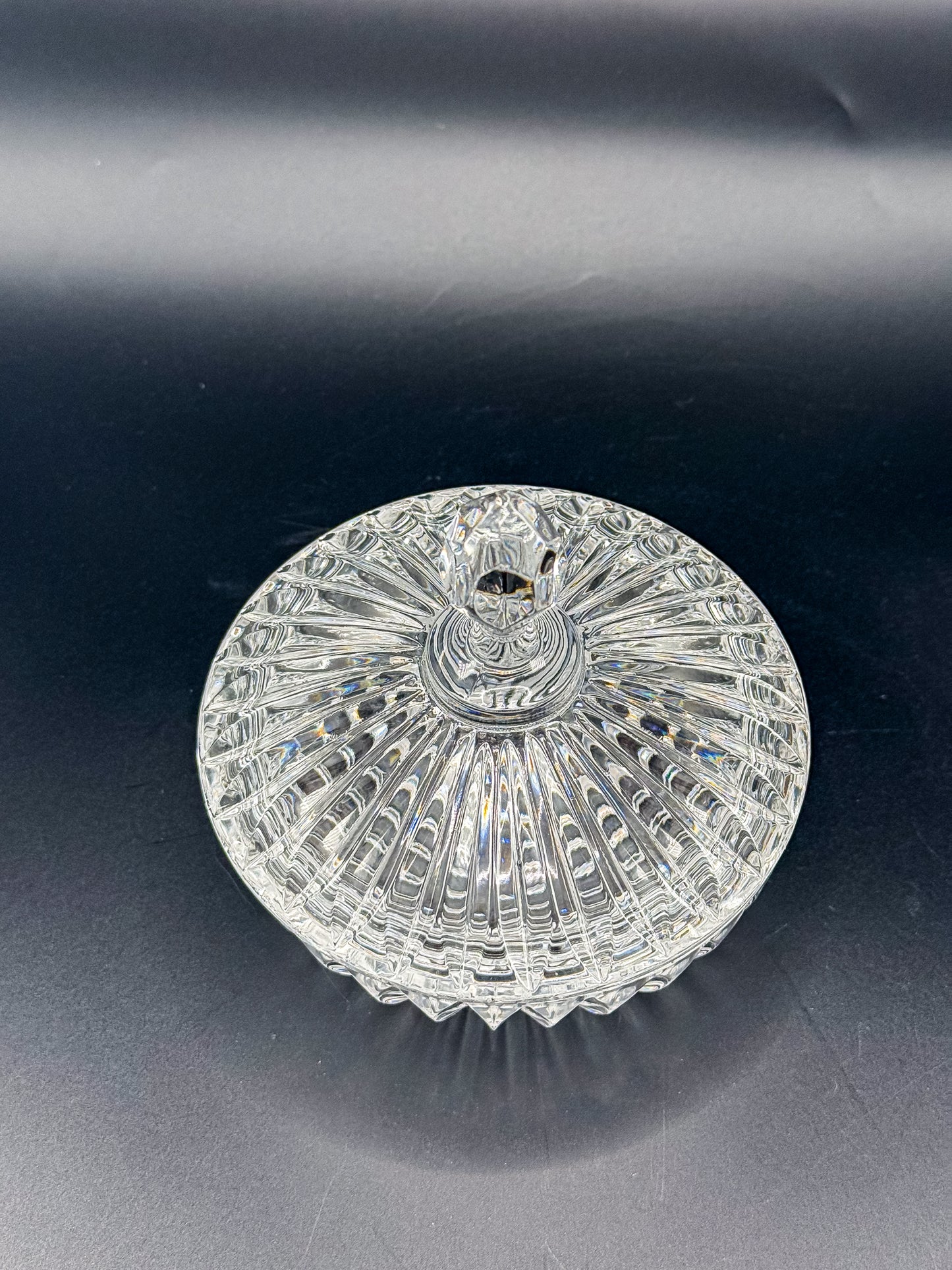 Vintage Crystal Lidded Dish with Diamond Finial, Cut Glass Vanity Dish with Radiating Vertical Cuts and Domed Lid