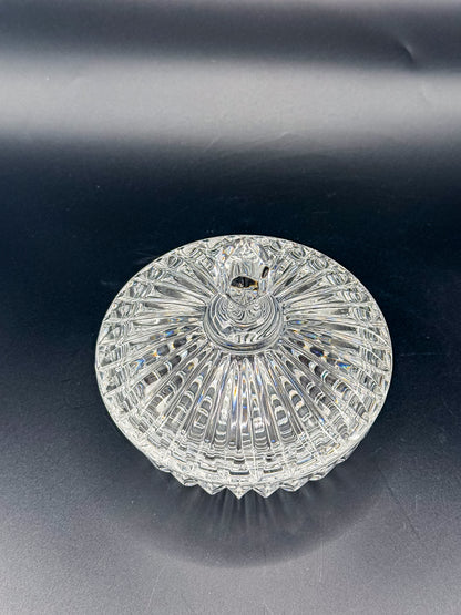 Vintage Crystal Lidded Dish with Diamond Finial, Cut Glass Vanity Dish with Radiating Vertical Cuts and Domed Lid