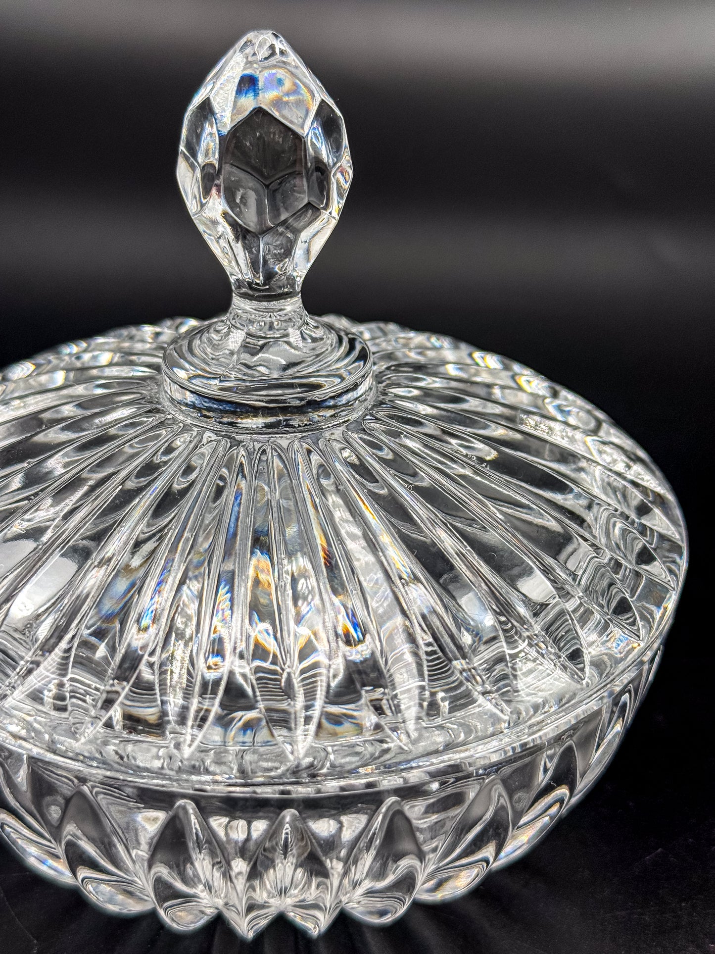 Vintage Crystal Lidded Dish with Diamond Finial, Cut Glass Vanity Dish with Radiating Vertical Cuts and Domed Lid