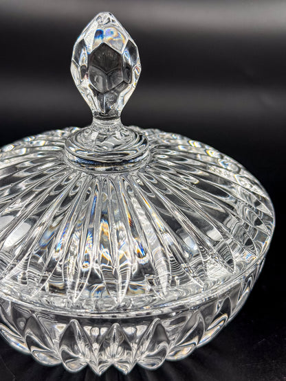 Vintage Crystal Lidded Dish with Diamond Finial, Cut Glass Vanity Dish with Radiating Vertical Cuts and Domed Lid