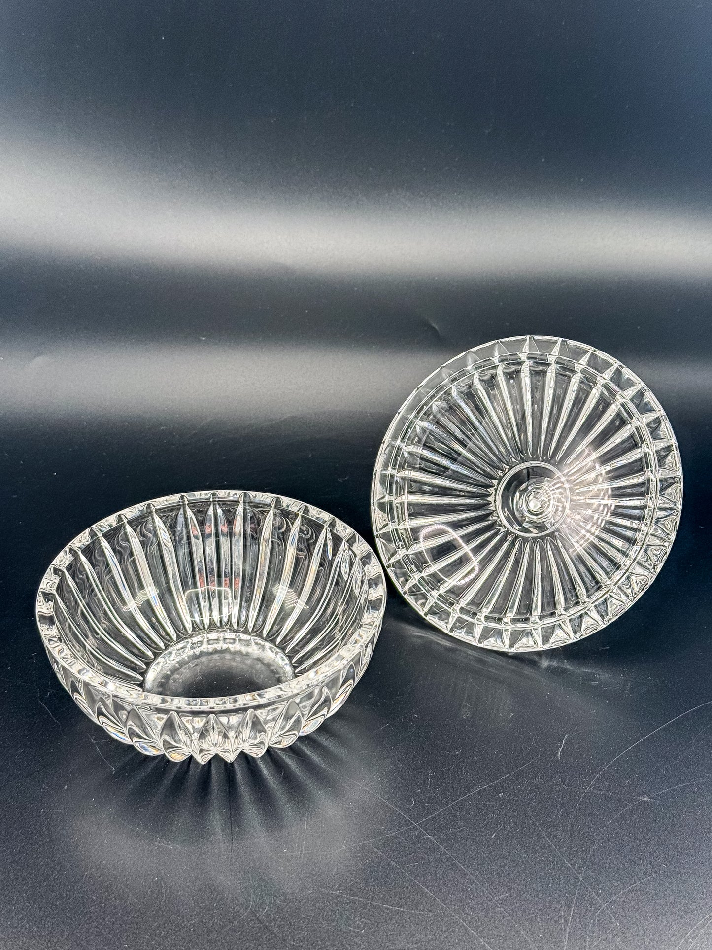 Vintage Crystal Lidded Dish with Diamond Finial, Cut Glass Vanity Dish with Radiating Vertical Cuts and Domed Lid