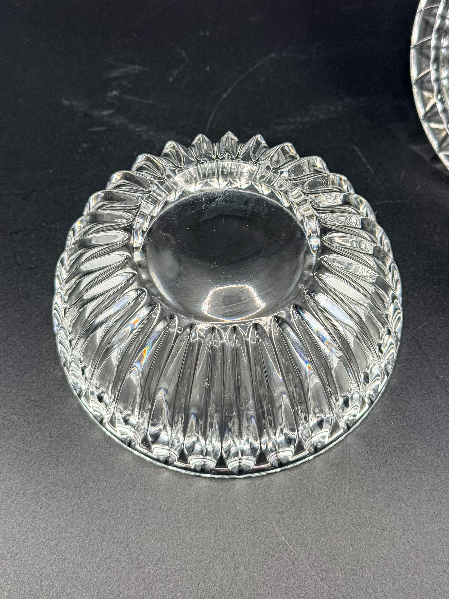 Vintage Crystal Lidded Dish with Diamond Finial, Cut Glass Vanity Dish with Radiating Vertical Cuts and Domed Lid