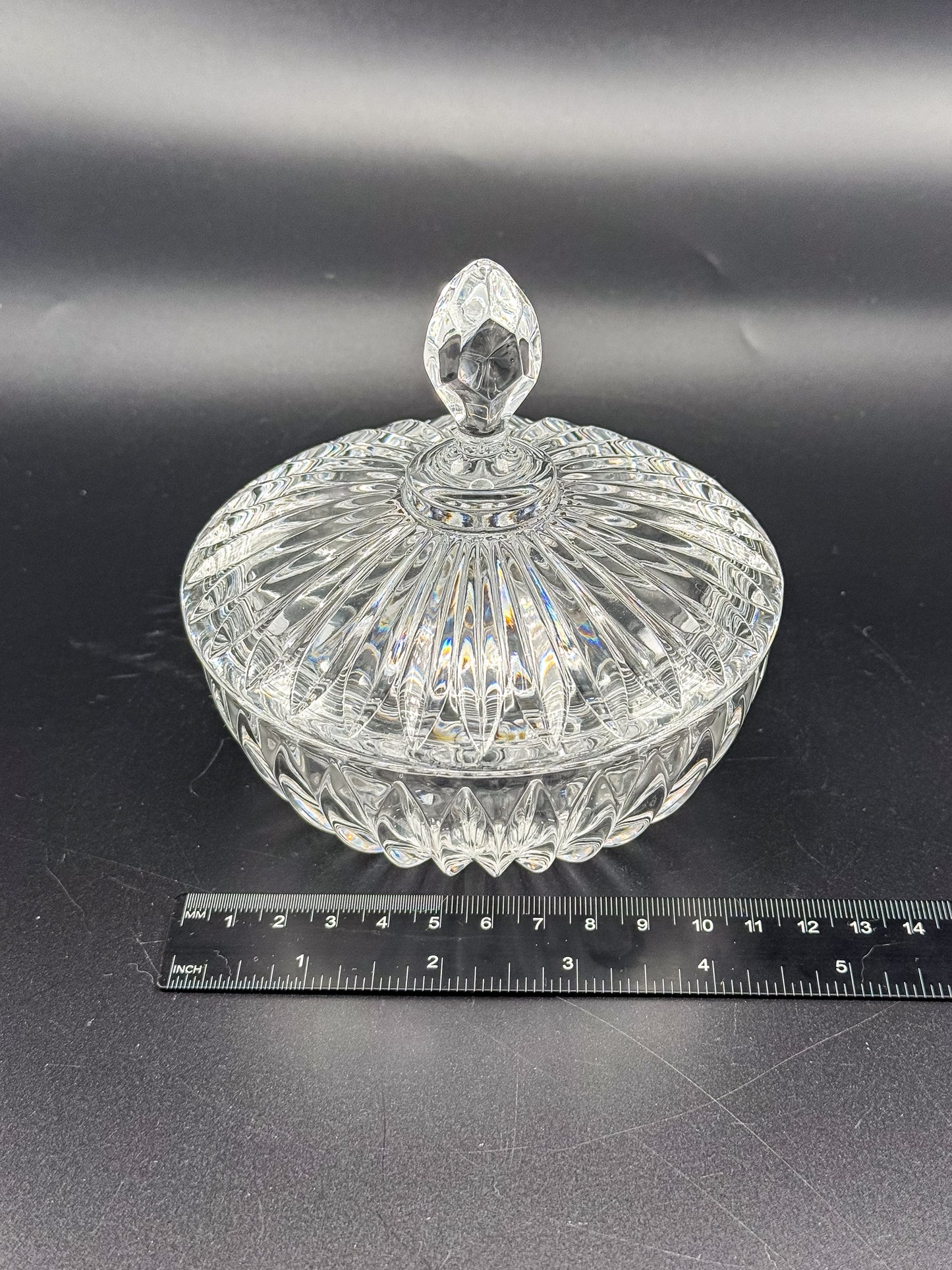 Vintage Crystal Lidded Dish with Diamond Finial, Cut Glass Vanity Dish with Radiating Vertical Cuts and Domed Lid
